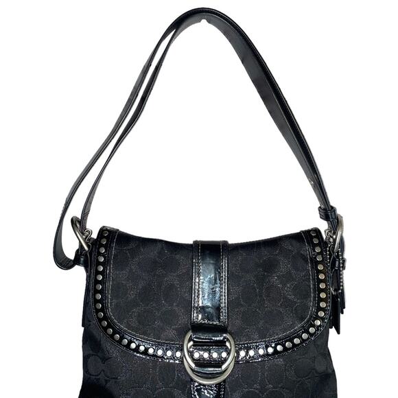 Coach Flap Duffle Monogram Canvas Leather Studding Black Shoulder Handbag Purse - Picture 2 of 12